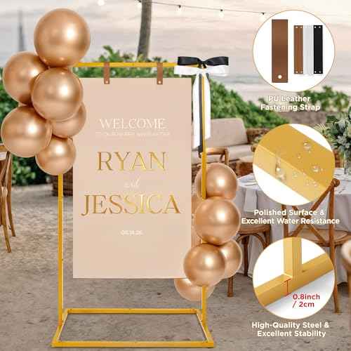 Wedding Welcome Sign Stand, 57¡±x31¡±x16¡± Heavy Duty Easel Stand for Sign with Balloons & Satin Ribbon & Leather Strap, Welcome to Our Wedding Sign Stand Holder for Seating Chart, Posters, and Decor (Golden, 57x31x16inch)