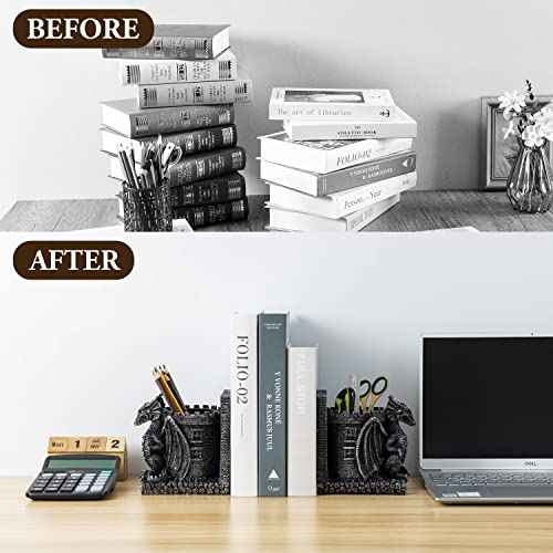 Bookends Dragon, Gothic Black Resin Dragon Guarding Castle Pencil Cup Bookends, Office Desk Book Ends with Decorative Fantasy Dragons and Stone Tower Pen Holders, 1 Pair