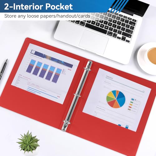 SUIN Assorted Rainbow 1-Inch 3-Ring Binders with 2 Interior Pockets, Pack of 6, Durable Office & School Organization