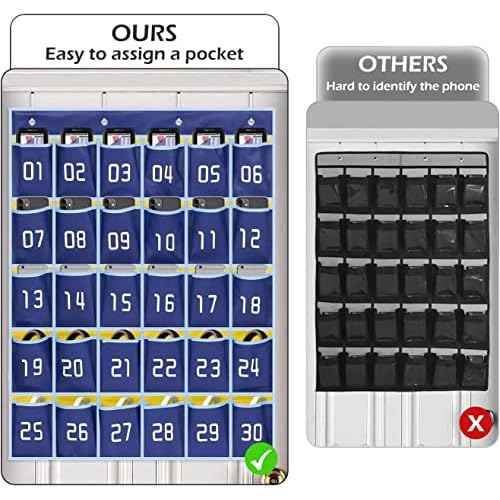 MISSLO Classroom Cell Phone Calculator Holder Numbered 30 Pockets Chart Hanging Wall Door Storage Organizer (Blue)