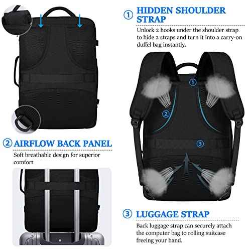 IGOLUMON Travel Backpack for Men Women 40L Flight Approved Carry on Backpack 17 Inch Waterproof Laptop Backpack Large Luggage Daypack Business College Weekender Overnight Backpack with Shoe Bag, Black