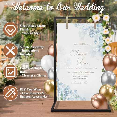 Wedding Welcome Sign Holder, Detachable Welcome To Our Wedding Sign Stand with Balloons, Sign Hanging Straps, Eucalyptus Rose Vines, Easel Stand for Sign, Wedding Seating Chart Stand, Poster(Black)