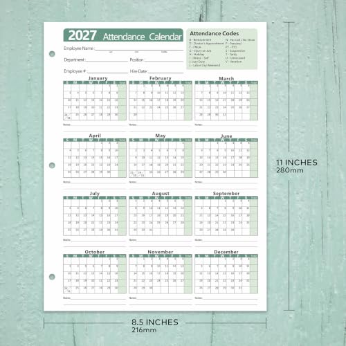 VistaRise 2027 Employee Attendance Calendar - Pack of 25 Green Sheets