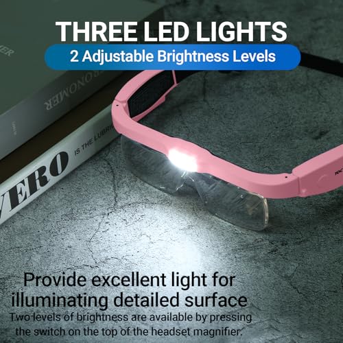 YOCTOSUN Pink Magnifying Glasses with Light, 0.75X-4.0X Headset, Rechargeable