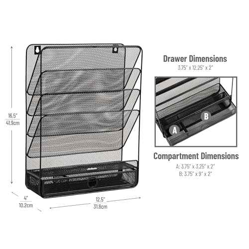 Mind Reader 4-Tier Vertical File Storage, Desktop Organizer, Wall Mount, Office, Metal Mesh, 12.5" L x 4" W x 16.5" H, Black