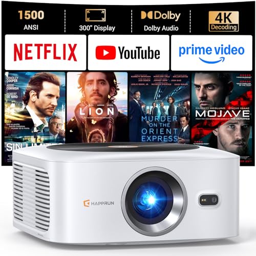 HAPPRUN 1500 ANSI Bright Outdoor 4K Smart Projector with Built-in Apps, Dolby Audio, White