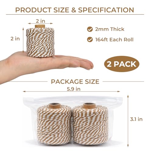 Tan White Cotton Twine String 2mm Thick, 164 ft per Roll – 2 Pack for Crafts Gift Wrapping