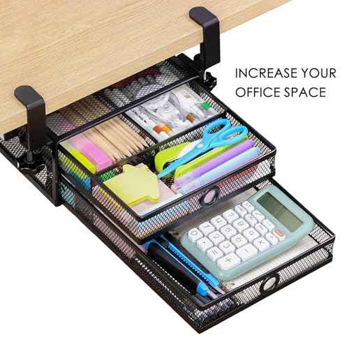 2-Tier Clamp-On Mesh Organizer, Under Desk Storage with Slide-Out Tray, No Drilling Tool-Free Installation, Durable Rust-Resistant Metal, Large-Capacity Organizer.