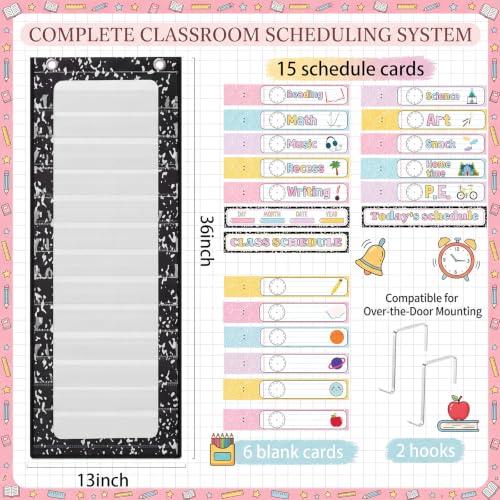 MotiMind Classroom Daily Schedule Pocket Chart with 21 Reusable Cards - Macaron Color / Composition Notebook Variant, 13 x 36 Inches