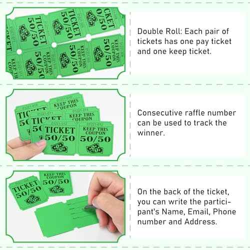 ESSENTIAL 500 Double Roll Raffle Tickets, 50/50 Raffle Cards, Entry Form with Name, Address, Phone & Email for Events, Entry, Class Reward & Door Prize - 5 Color Selection (Green)