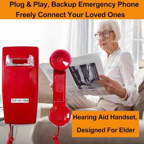 2554 No Dial Wall Phone with Metal Ringer, No Dialpad Wall Telephone,No AC Power Required, Wall Mount No Dial Phone, Wall Telephone Without Keypad for Hotel, Kitchen,Home,Bar, Garage, Red