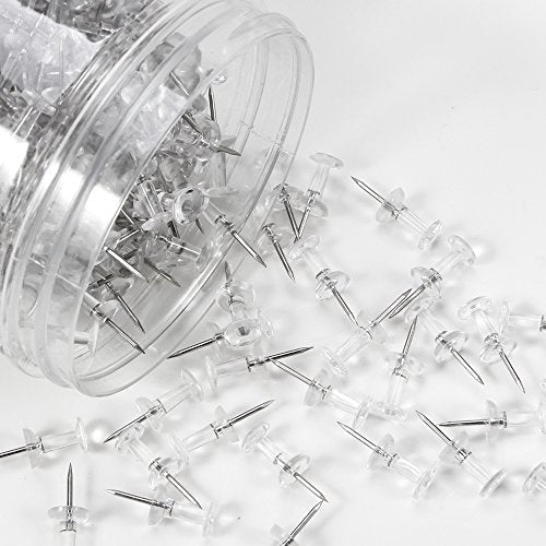 Yalis Clear Push Pins 600 Count – 1 Inch Thumb Tacks with Steel Points, Reusable Jar