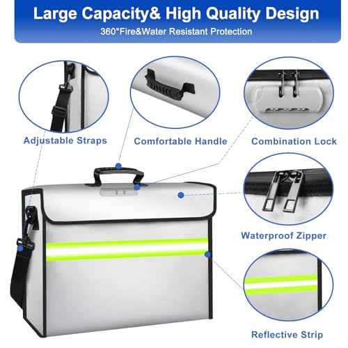 File Organizer Bag with Removable Folder Layers/Wallet,6500¡ÆF Fireproof Document Organizer with Lock&Reflective Strip,Portable Home Travel Safe Storage Box for Important Documents(14.1x9.5x4.2 inches)
