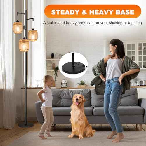 Boho Floor Lamps for Living Room, 65'' Dimmable Farmhouse Rattan Standing Lamp with LED Bulbs, 3 Light Tree Rustic Tall Lamps for Bedroom, Office, Rotary Switch