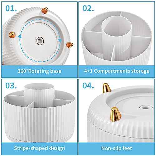 Marbrasse Desk Organizer, 360-Degree Rotating Pen Holder, Desk Organizers and Accessories with 5 Compartments Pencil Holder, Art Supply Storage Box Caddy for Office, Home£¨White£©