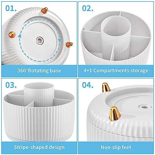 Marbrasse White Desk Organizer with 360° Rotating Pen Holder & 5 Compartments