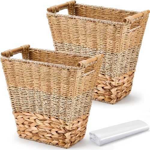 Mifoci 2 Pcs Wicker Trash Basket for Bathroom Woven Rattan Garbage Basket with 50 Plastic Bags, Boho Wicker Trash Can for Bathroom Kitchen Bedroom(Multicolor)