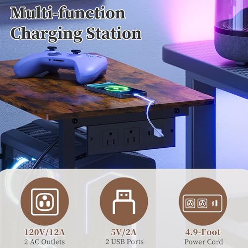 2-Tier Computer Tower Stand with Power Outlet, Height Adjustable PC Tower Stand with Wheels, ATX-Case CPU Holder Cart with Hooks for Home, Office, Gaming (Brown)