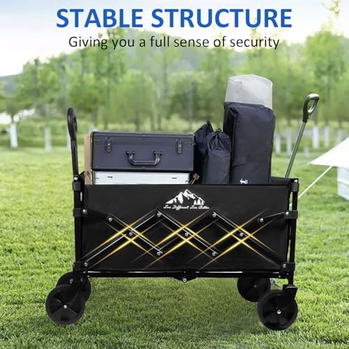 Collapsible Wagon Folding Utility Cart, Beach Wagon 352LBS Heavy-Duty with Adjustable Handles, 5" Quiet Swivel Wheels, Lightweight (11lbs) for Groceries, Camping, Moving, Black