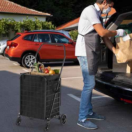 DWVO Folding Shopping Cart with Waterproof Liner, Collapsible Utility Cart with Wheels for Seniors, Portable Grocery Cart for Shopping, Laundry, Storage, and Camping