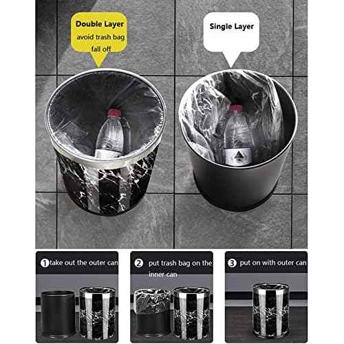 Luxury Metal Waste Bin with Leather Cover,Open Top Office Wastebasket,Double Layer Trash Can,Round Shaped (Black Marble w/ Gold Ring)