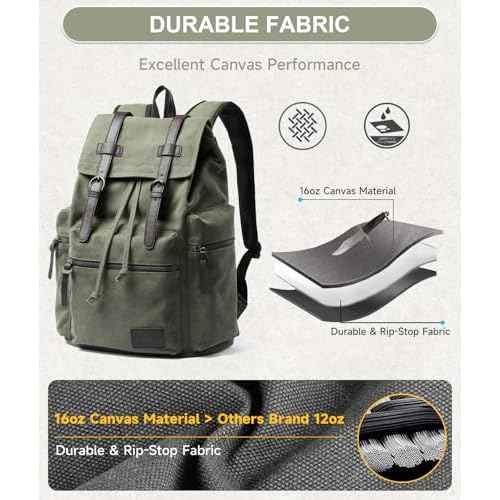 Vintage Canvas Backpack for Men Olive Green Rucksack Fit 15.6 inch Laptop Retro Flap Daypack for Casual Hiking Travel Commute