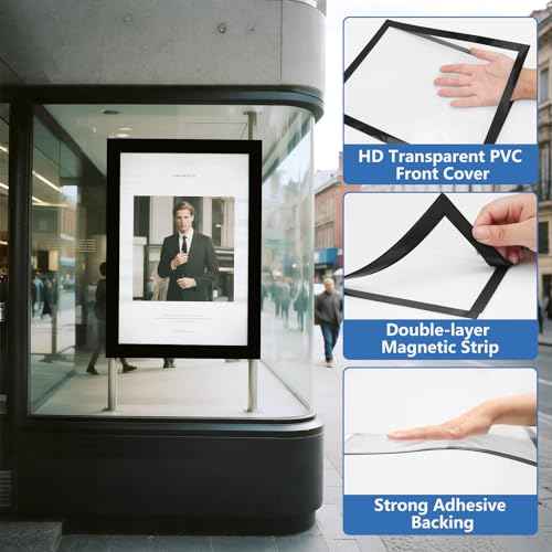25 Pack Magnetic Sign Holder, 8.5in x 11in Self Adhesive Wall Mount Magnetic Document Holder, Magnetism Border Sign Holder with Transparent PVC Front Cover