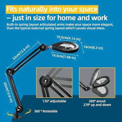 Magnifying Lamp, 10X Illuminated Magnifier Lamp with Internal Spring Swing Arm and Desk Edge Clamp