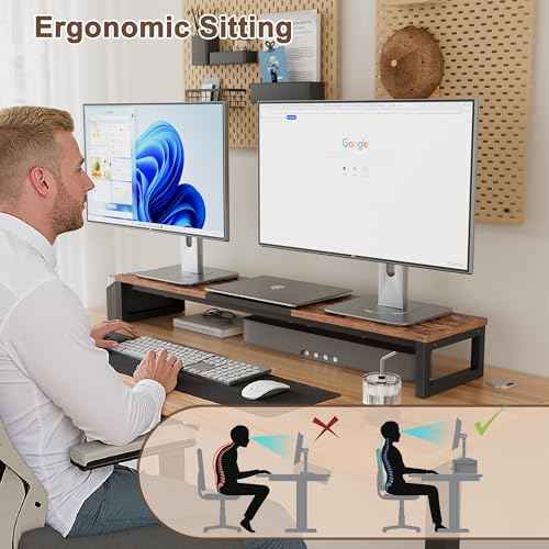 LAND¡¤VOI Dual Monitor Stand Riser,41.5'' Long Monitor Stand for 2 Monitors, Wood Computer Riser with Pocket, Desktop Oraganizer with Pen Holder, Monitor Riser for Desk Computer,Laptop,TV, Rustic Brown
