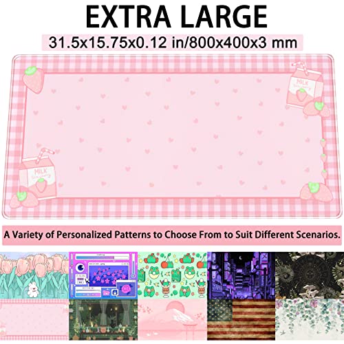 Pink Heart Kawaii Desk Mat Large Mouse Pad for Gaming & Office, 31.5x15.75 in