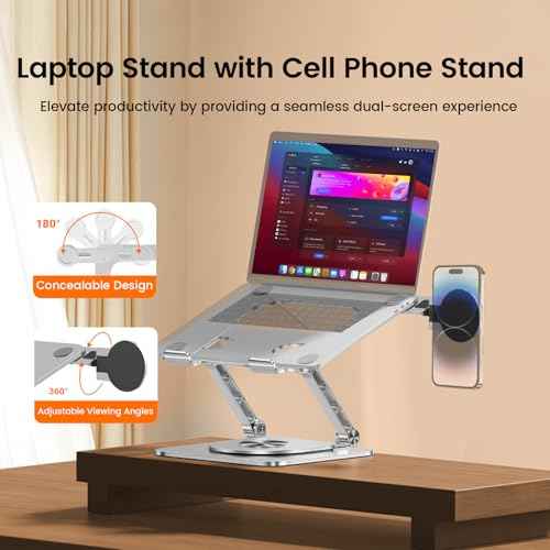 Laptop Stand with Magnetic Phone Holder for Desk, Ergonomic Foldable Laptop Riser with 360¡Æ Rotating Base, Compatible with MacBook Pro, Fits 10-16 Inch Notebook