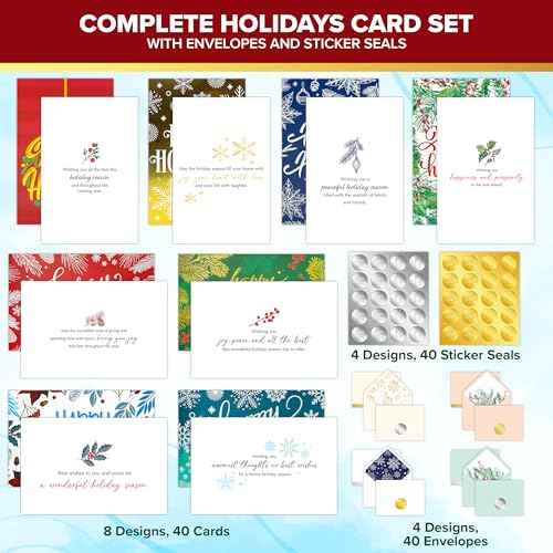 Decorably 40 Pack Foil Embossed 5x7in Assorted Holiday Cards Bulk with Envelopes and Stickers, 8 Elegant Designs Happy Holidays Cards with Envelopes, with Printed Message Inside