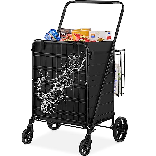 VEVOR Folding Shopping Cart with Removable Waterproof Liner, 210LBS Large Capacity Jumbo Grocery Cart with Dual Basket, 360¡Æ Swivel Wheels, Dense Metal Mesh Base, Heavy Duty Utility Cart for Shopping