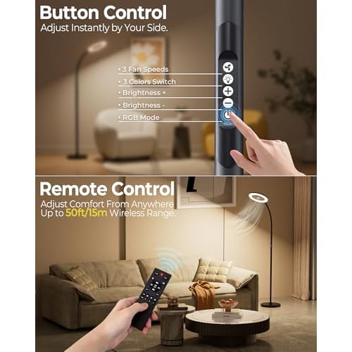 Floor Lamp with Fan Light with RGB, 1800LM LED Standing Lamp with Fan Remote & Push Button Control, Dimmable Tall lamp with fan, Adjustable Gooseneck Reading Stand up Lamp Pedestal Fan Light Combo