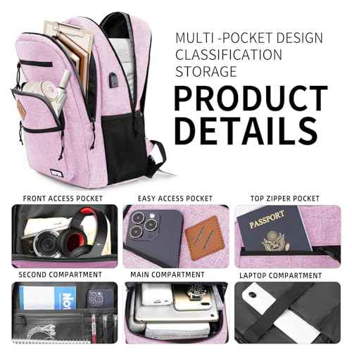 Classic Backpack for Men Women, School Backpack for Girls Boy Teens,15.6 Inch Laptop Bookbag with USB Charger for College High School Work Business Computer Back Pack,mochilas para hombres,Pink
