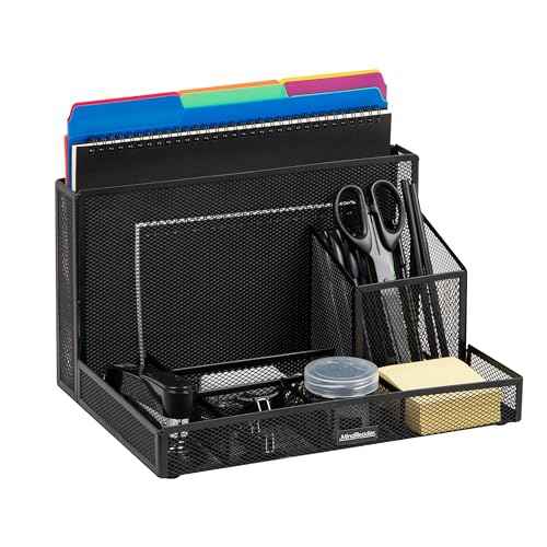 Mind Reader Desktop Organizer with Office Supplies Included, Vertical File, Storage, Metal, 12.5"L x 9"W x 7.25"H, Black