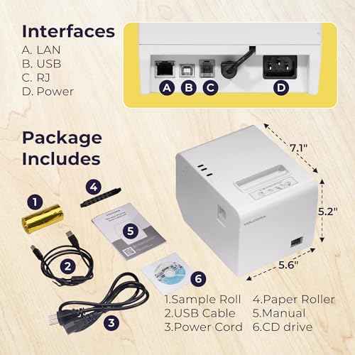 Volcora Thermal Receipt Printer, 80mm POS Printer w/Auto Cutter, USB/Ethernet Interface for Windows/MAC/Linux, ESC/POS Command Support Cash Drawer, High Speed Kitchen Printer, Wall Mount (White)