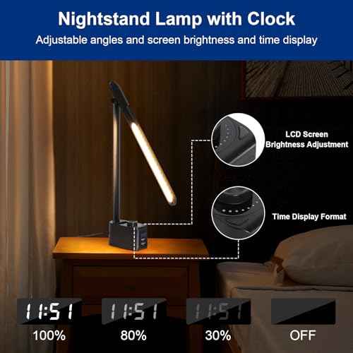 Lightess LED Desk Lamp with 2 USB Charging Ports, 50 Lighting Modes Dimmable Desk Light with Pen Holder and Clock, Foldable Desk Lamp for Home Office Home Office Reading(Black)
