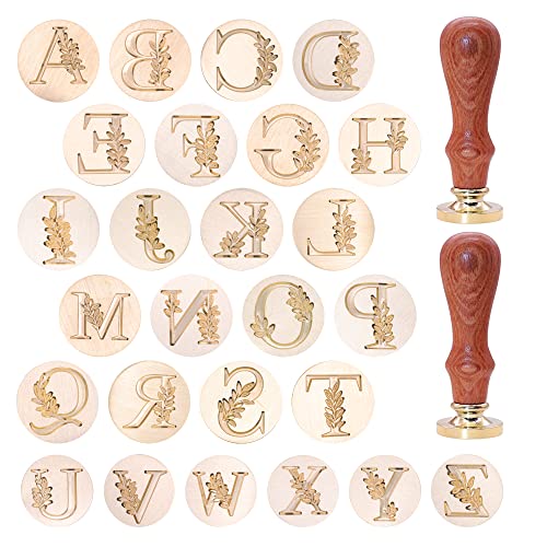 SWANGSA Initial Alphabet Wax Seal Stamp Kit, Vintage Botanical Leaves 26 Letters A-Z Sealing Stamp with 2pcs Wooden Handles for Wedding Party Invitation, Gift Wrap, Envelope, Christmas Card (A-Z Set)