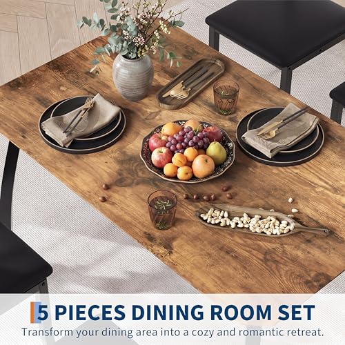 IDEALHOUSE Dining Table Set for 4 - 43in Latte Wood Table & 4 Cushioned PU Leather Chairs, Space-Saving Chamfered Edges, Soft Seat Black Tube Variation Included