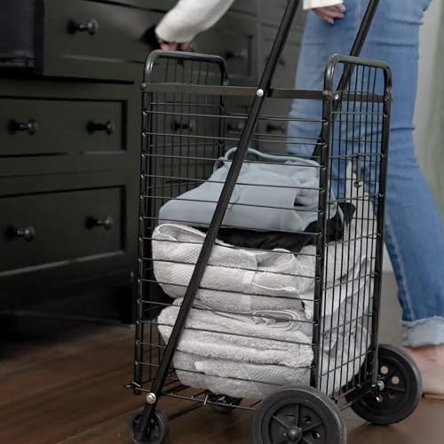 DMI Foldable Utility Cart with Wheels - Compact Grocery, Laundry & Stair Climber Trolley, Black - Current