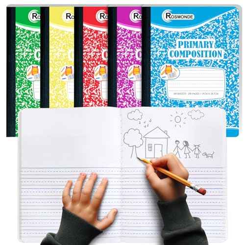 Rosmonde 5 Pack Primary Composition Notebook, 200 Pages (100 Sheets), Drawing Story Journal Writing Notebook, 9-3/4 x 7-1/2, Primary Composition Notebook for Kids, Grades K-2, With Header For Drawing