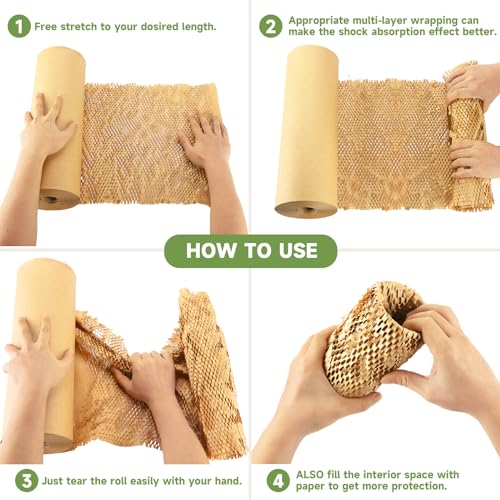 NAPALOOK Honeycomb Packing Paper Wrap 15''x328' Eco-Friendly Cushioning for Moving & Shipping, Includes 48 Fragile Stickers