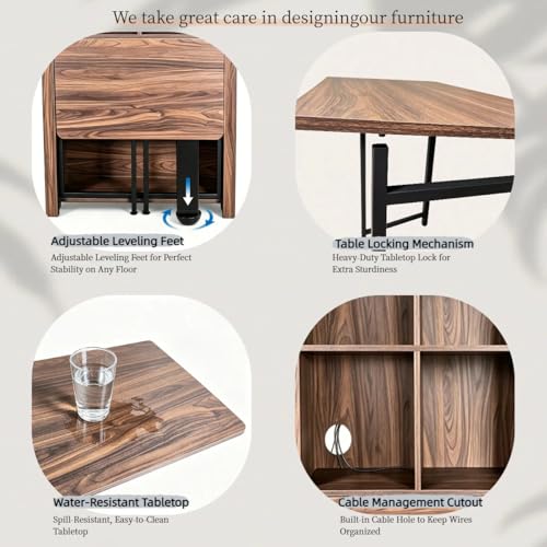 JIJIWANG 70.8-Inch Walnut Arched Folding Desk with Bookcase Storage for Small Spaces