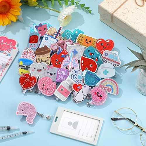 Crtiin 30 Pcs Nurse Badge Reel Bulk Retractable Nurse Badge Holders Medical Nurse Badge Clip Funny Nursing Badge Reel Glitter Brain Hear Badge Reel ID Name Badge Holder for Nursing Appreciation Gift