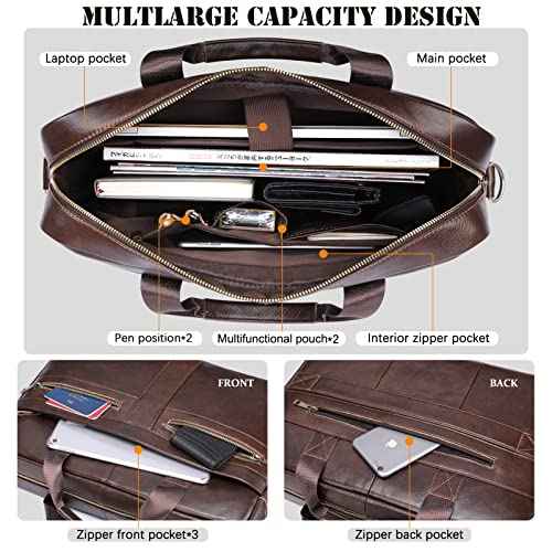 Genuine Leather Briefcase for Men, Laptop Computer Shoulder Bag With Strap, 15.6 Inch Business Travel Work Handbag
