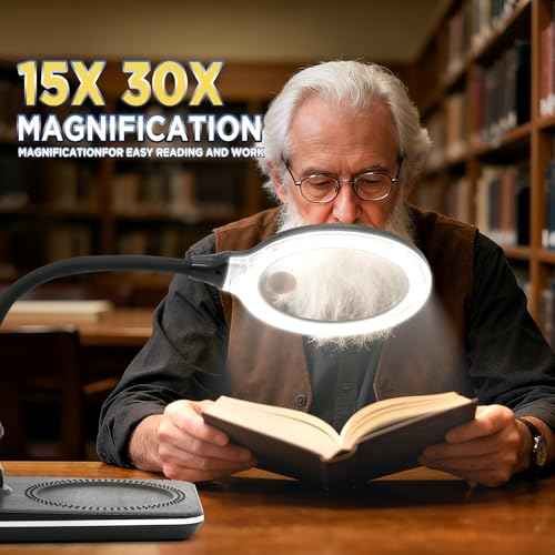 3600mAh Rechargeable Magnifying Glass with Light & Stand, 15X 30X LED Magnifier, 4.9 Inch, 6 Color Modes, Flexible Gooseneck Desk Lamp for Jewelry, Reading, Hobbies & Close Work