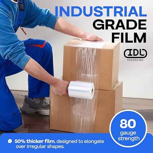 IDL Packaging - F-51-4 5" x 1000' 80 gauge Bundling Stretch Wrap Rolls with Extended Core Handle, Clear (Pack of 4)