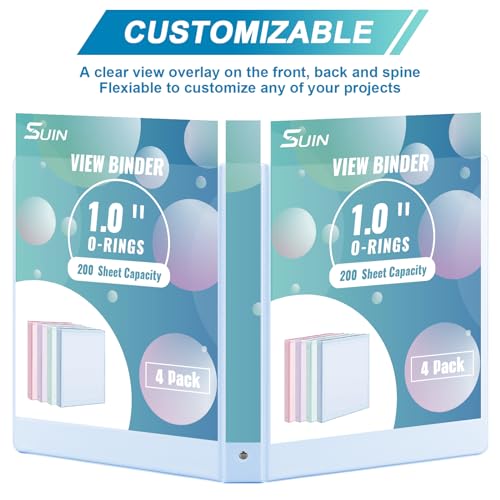 SUIN 1 Inch Colorful View Binders with Pockets - Pastel Blue, Green, Purple & Pink, PVC-Free, Durable Office & School Organization