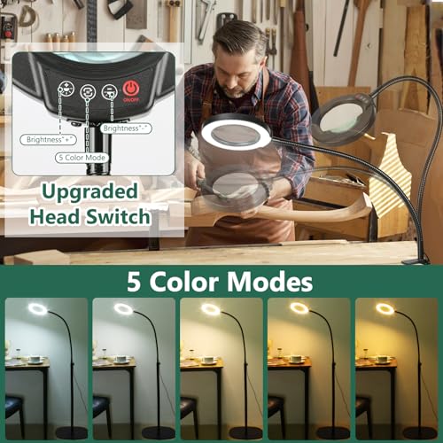 10X Magnifying Glass with Light and Stand, 24" Flexible Gooseneck 3-in-1 LED Floor Lamp, Optical-Grade Real Glass Lens, 5 Color Modes Stepless Dimmable, Lighted Magnifier Hands Free for Close Work